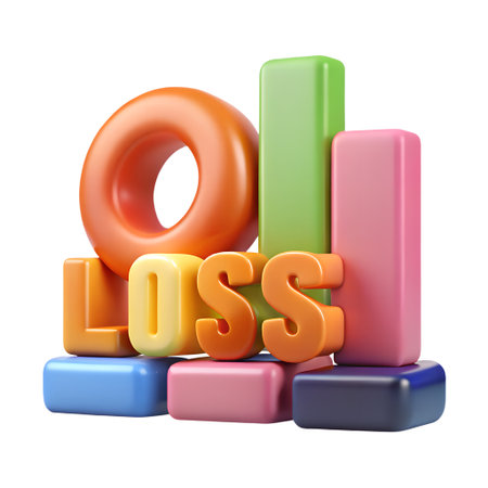 Colorful 3d rendering of the word loss with a bar graph isolated on transparent background representing financial decline and investment riskの素材