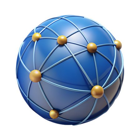 A blue globe with golden nodes and a grid of lines, isolated on transparent background, representing global network, connection, and communicationの素材