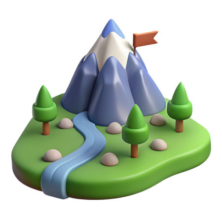 A whimsical 3d rendering showcases a snowcapped mountain with a flag, nestled amidst green hills, trees, a winding river, and scattered rocks isolated on transparent backgroundの素材