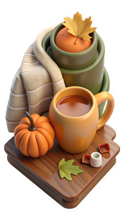 Autumn still life with warm drink, pumpkin, stacked bowls, and fall leaves on a wood board, isolated on transparent backgroundの素材