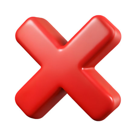 Glossy red x mark, a common symbol for wrong, delete, or close, rendered in 3d and isolated on transparent backgroundの素材
