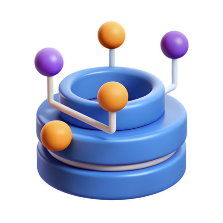 A 3d render of a blue tiered structure with orange and purple spheres connected by white rods, isolated on transparent backgroundの素材