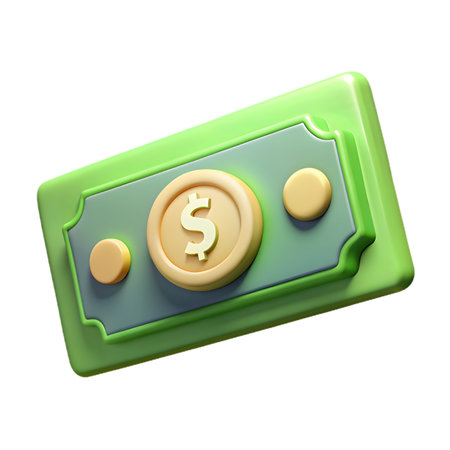 A vibrant green cartoon money bill with a gold dollar sign coin, isolated on transparent background, symbolizing wealth and financial successの素材