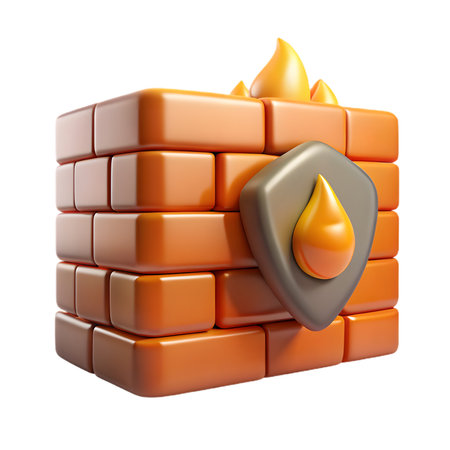 Firewall protection with a shield and flame, a 3d render of a brick wall with a shield and flame, isolated on transparent backgroundの素材