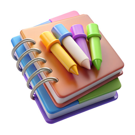 Stack of colorful notebooks with markers isolated on transparent background for school, education, or creative projects and presentationsの素材