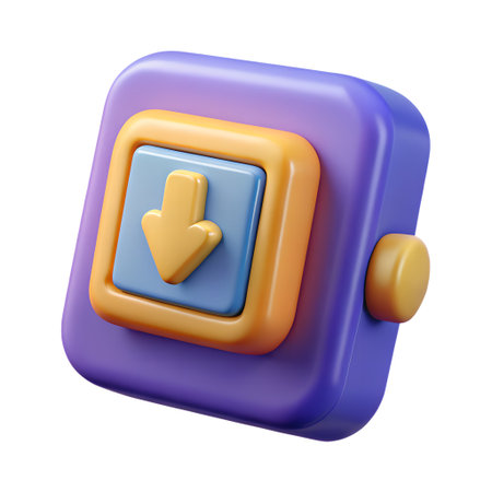 A 3d render of a purple square button with an orange border and a blue center, featuring a downwardpointing arrow, isolated on transparent backgroundの素材