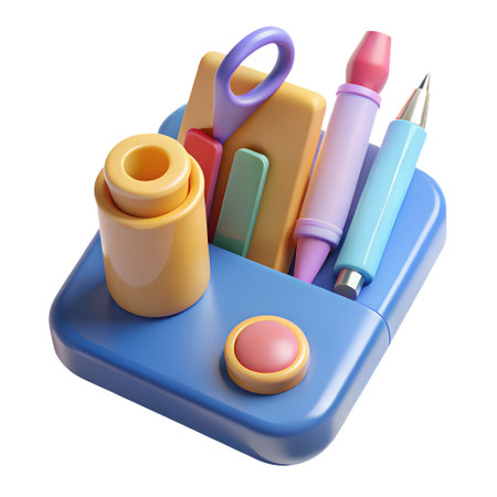 School supplies isolated on a white background. 3d render image.の素材