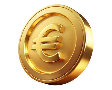 A shiny golden euro coin isolated on transparent background, a symbol of wealth and financial stability and successの素材