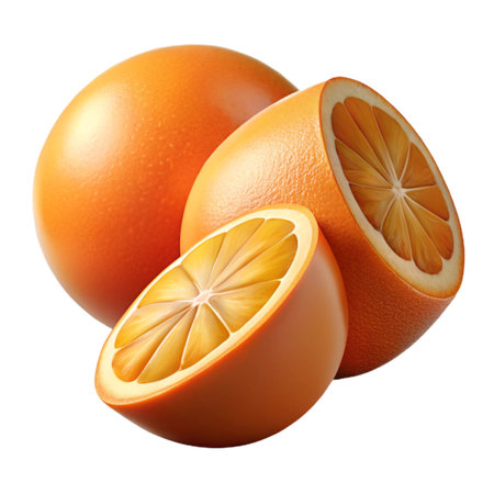 A vibrant trio of oranges, one whole and two halved, showcasing their juicy segments isolated on transparent backgroundの素材