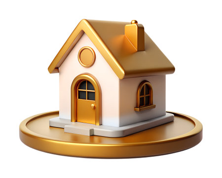 Charming 3d house model with golden accents, showcasing a cozy and inviting home isolated on transparent backgroundの素材