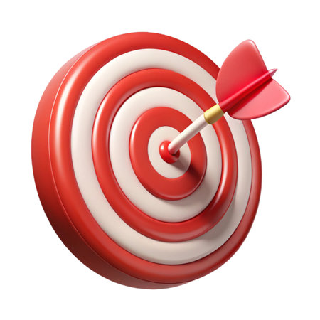 A red and white dartboard with a dart in the bullseye isolated on transparent background target achieved conceptの素材