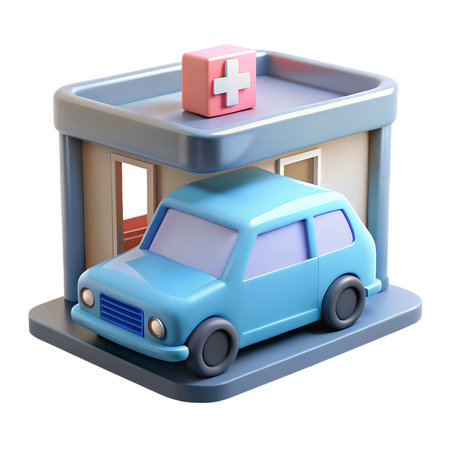 A charming 3d illustration showcases a miniature hospital with a car parked outside, isolated on transparent backgroundの素材