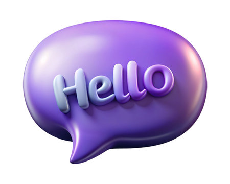 A purple 3d speech bubble with the word hello isolated on transparent background, communication and message conceptの素材