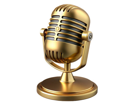 A shiny golden vintage microphone isolated on transparent background, a symbol of classic broadcasting and musicの素材