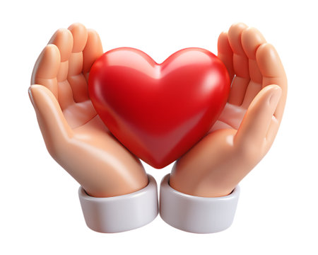 Two cartoon hands holding a red heart isolated on transparent background, symbol of love and care, 3d renderingの素材