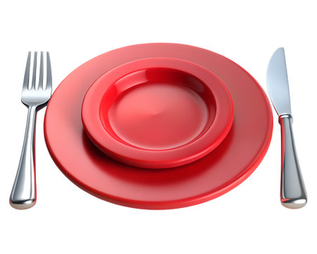 Overhead shot of a red plate setting with a dinner plate, salad plate, fork, and knife isolated on transparent backgroundの素材