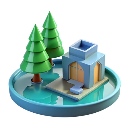 A charming miniature scene featuring a quaint blue house nestled beside two vibrant green fir trees isolated on transparent backgroundの素材