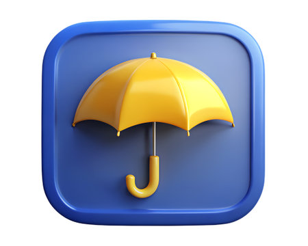 A yellow umbrella on a blue square background, symbolizing protection, safety, and security isolated on transparent backgroundの素材