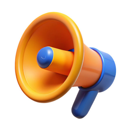 Orange and blue megaphone isolated on transparent background, a vibrant tool for announcements and communication, perfect for marketingの素材