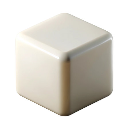 Beige cube with rounded edges isolated on transparent background, a simple geometric shape for various applicationsの素材