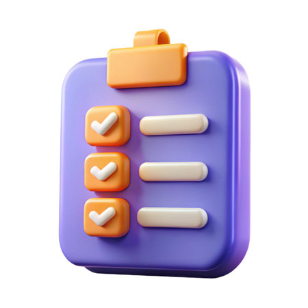 A 3d rendering of a purple clipboard with orange accents, featuring checkmarks and lines, isolated on transparent backgroundの素材