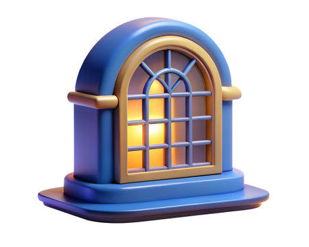A charming blue window with a golden frame, casting a warm glow, isolated on transparent backgroundの素材