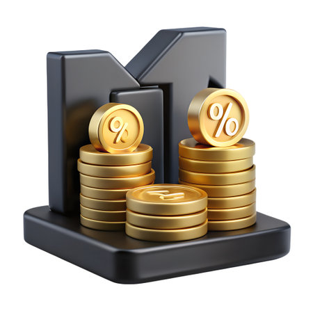 Stacks of golden coins with percentage sign and upward arrow isolated on transparent background depicts profitの素材