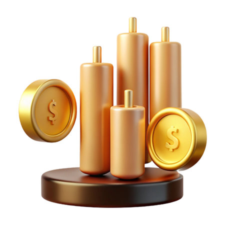 Candlestick chart with golden coins isolated on transparent background representing financial growth and investmentの素材