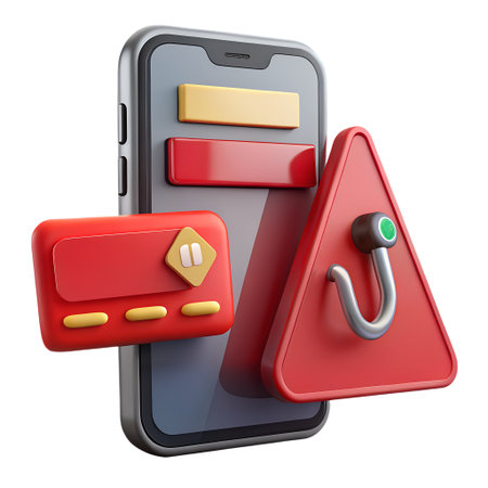 A 3d rendering of a smartphone with a credit card, a warning sign, and a pause button isolated on transparent backgroundの素材