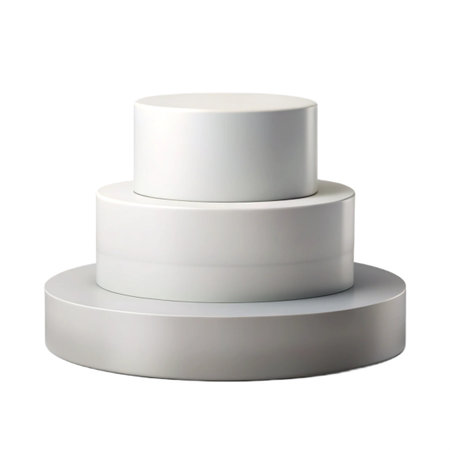 Threetiered white podium isolated on transparent background, a minimalist stage for product display and presentationの素材