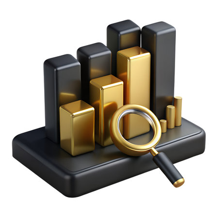 A 3d rendering of a bar graph with gold and black bars, and a magnifying glass, isolated on transparent backgroundの素材