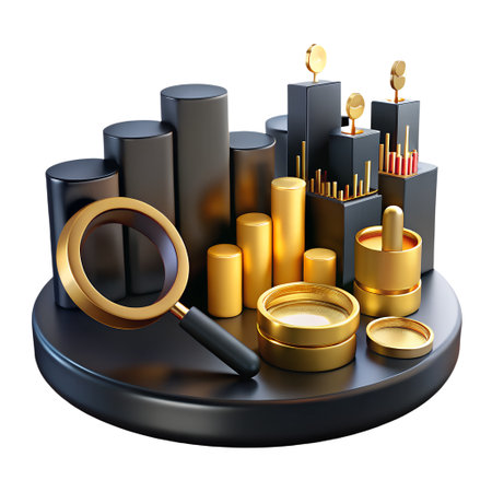 A 3d render of a magnifying glass analyzing a financial chart with gold and black elements on a platform isolated on transparent backgroundの素材