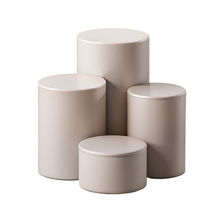 Four beige cylinder podiums of varying heights isolated on transparent background, arranged in a clusterの素材