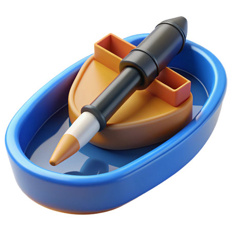 A whimsical 3d rendering showcases a toy boat carrying a rocket, isolated on transparent backgroundの素材