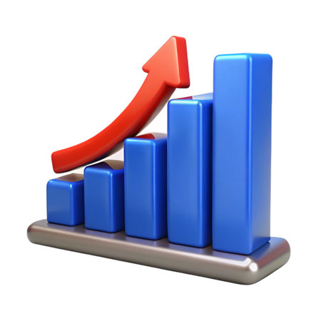 A vibrant 3d rendering showcases a bar graph with an upwardpointing arrow, symbolizing growth and progress isolated on transparent backgroundの素材