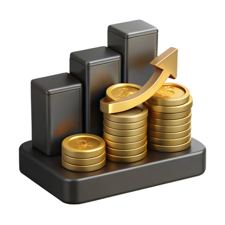 Financial growth concept with golden coins, arrow pointing up, and bar graph isolated on transparent backgroundの素材