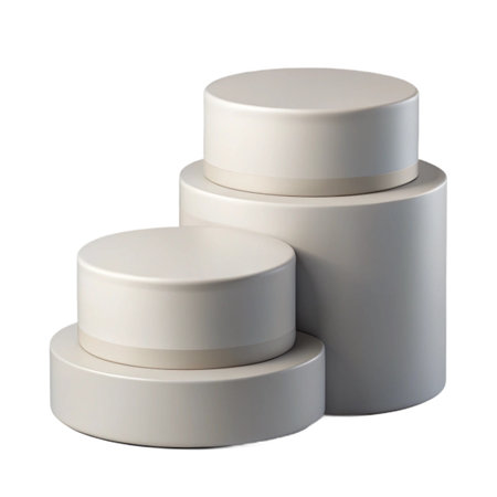 Three white cosmetic jars of different sizes isolated on transparent background, perfect for showcasing your productの素材