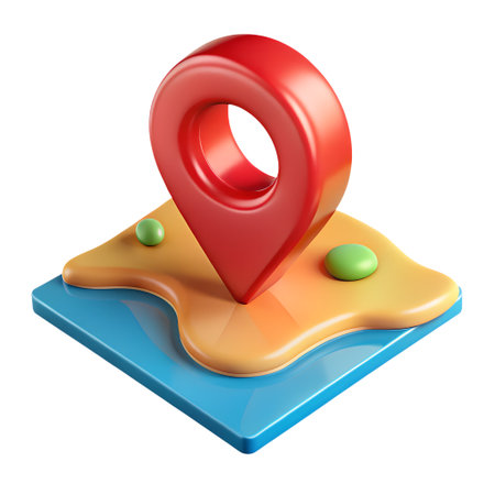 3d rendering of a red map pointer on a small island with blue water isolated on transparent backgroundの素材