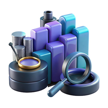 Data analysis and financial statistics concept with bar graph, coins, magnifying glass isolated on transparent backgroundの素材