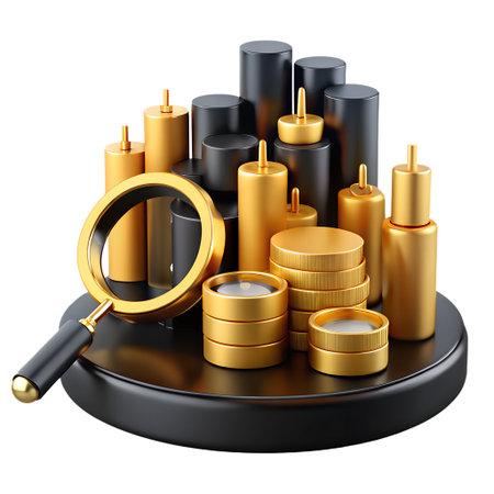 A magnifying glass rests on a black platform surrounded by stacks of gold coins and black and gold cylinders isolated on transparent backgroundの素材