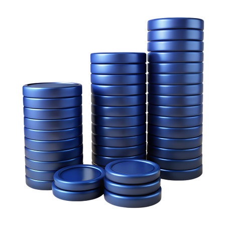 Stacks of blue coins in ascending order isolated on transparent background representing financial growthの素材