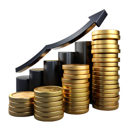 Financial growth concept with golden coins and rising arrow isolated on transparent background investment successの素材
