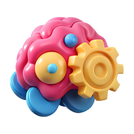 Pink brain with yellow gear isolated on transparent background represents thinking, intelligence, and problemsolvingの素材