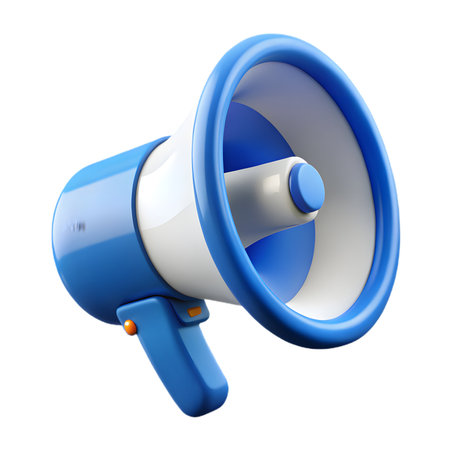 A blue and white megaphone with a handle isolated on transparent background, perfect for announcements and promotionsの素材