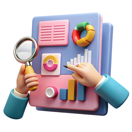 Cartoon hands analyzing data on a dashboard with magnifying glass isolated on transparent backgroundの素材