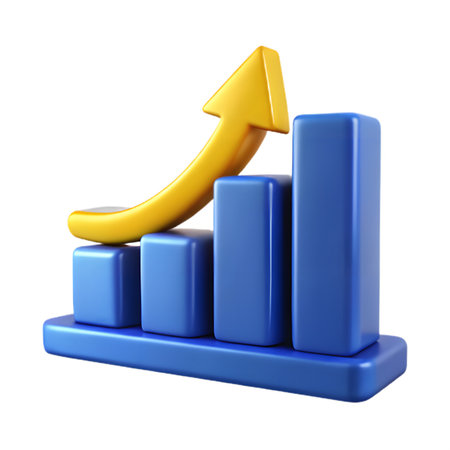 Blue bar graph with a yellow arrow pointing upwards, indicating growth and success isolated on transparent backgroundの素材