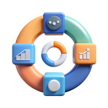 A colorful 3d render of a circular diagram with data analysis icons isolated on transparent backgroundの素材