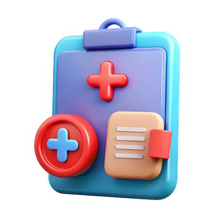 A 3d rendering of a medical clipboard with a red cross, a red plus sign, and a beige document isolated on transparent backgroundの素材