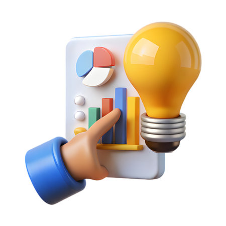 Finger pointing at a bar chart with a light bulb, symbolizing business idea isolated on transparent backgroundの素材