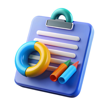 A 3d rendering of a clipboard with a donut chart and two pencils isolated on transparent backgroundの素材